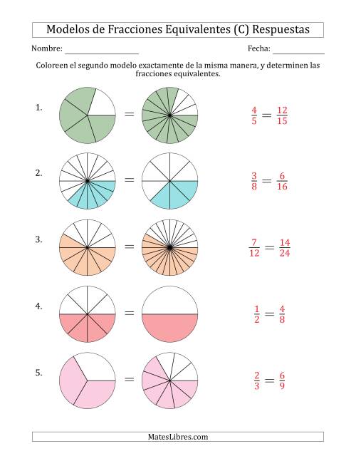 La hoja de ejercicios de Modelos de Fracciones Equivalentes (Fracción Simplificada en Cualquier Posición) (C) Página 2