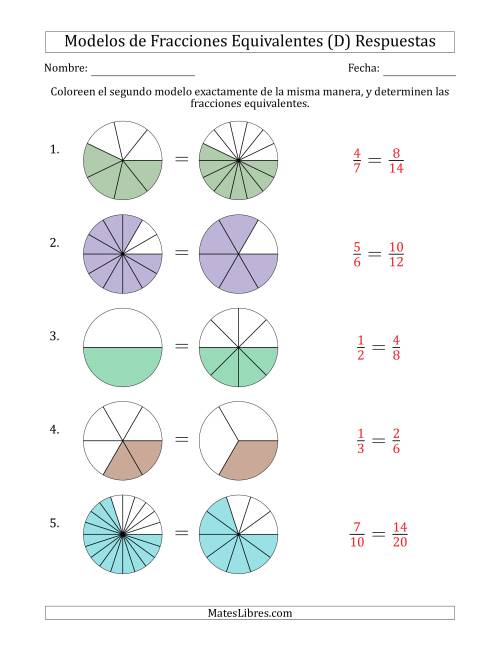 La hoja de ejercicios de Modelos de Fracciones Equivalentes (Fracción Simplificada en Cualquier Posición) (D) Página 2