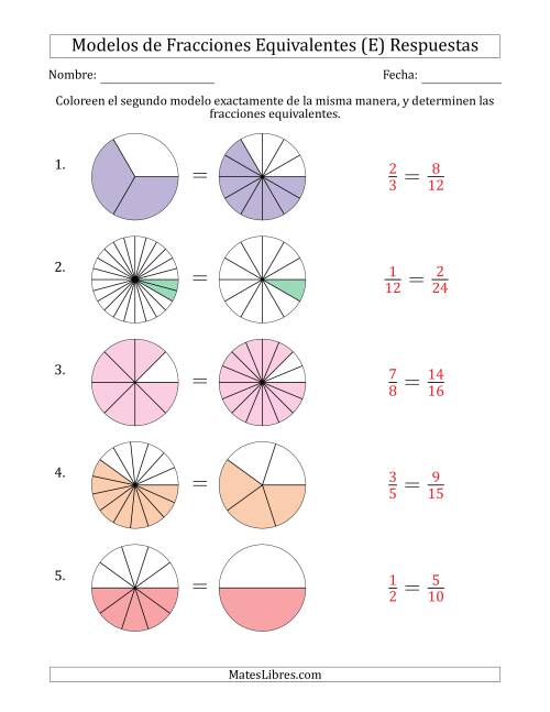 La hoja de ejercicios de Modelos de Fracciones Equivalentes (Fracción Simplificada en Cualquier Posición) (E) Página 2