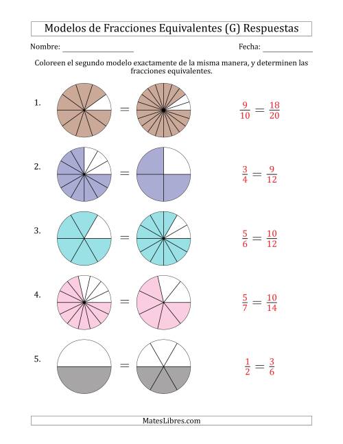 La hoja de ejercicios de Modelos de Fracciones Equivalentes (Fracción Simplificada en Cualquier Posición) (G) Página 2