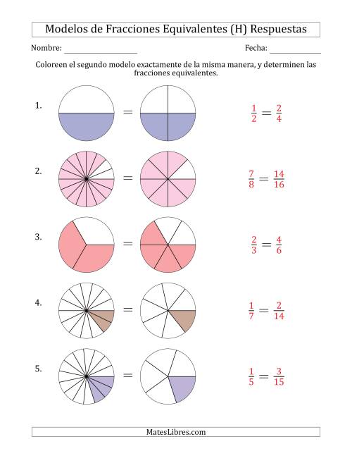 La hoja de ejercicios de Modelos de Fracciones Equivalentes (Fracción Simplificada en Cualquier Posición) (H) Página 2
