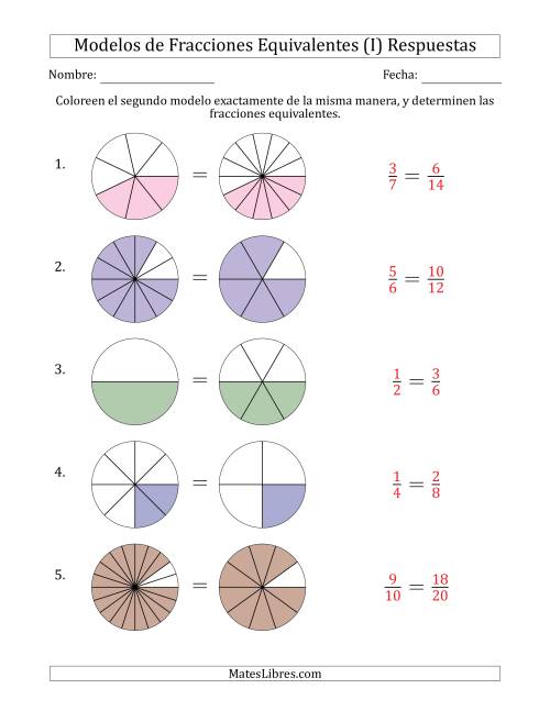 La hoja de ejercicios de Modelos de Fracciones Equivalentes (Fracción Simplificada en Cualquier Posición) (I) Página 2