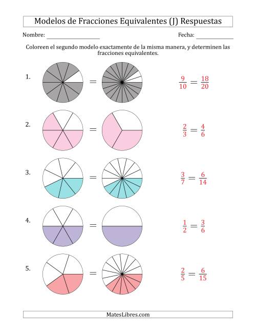 La hoja de ejercicios de Modelos de Fracciones Equivalentes (Fracción Simplificada en Cualquier Posición) (J) Página 2