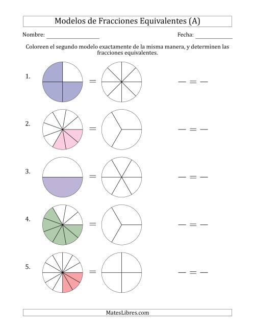 La hoja de ejercicios de Modelos de Fracciones Equivalentes (Fracción Simplificada en Cualquier Posición) (Todas)