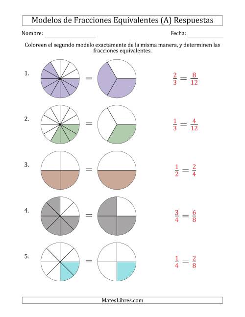 La hoja de ejercicios de Modelos de Fracciones Equivalentes (Fracción Simplificada Detrás) (A) Página 2