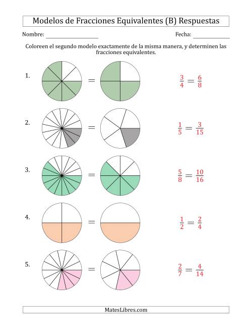 La hoja de ejercicios de Modelos de Fracciones Equivalentes (Fracción Simplificada Detrás) (B) Página 2