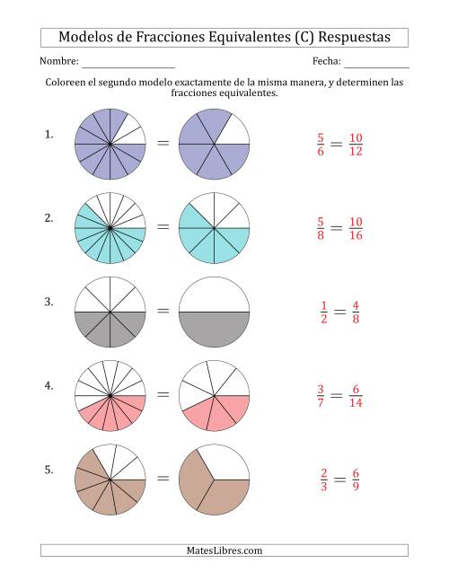 La hoja de ejercicios de Modelos de Fracciones Equivalentes (Fracción Simplificada Detrás) (C) Página 2