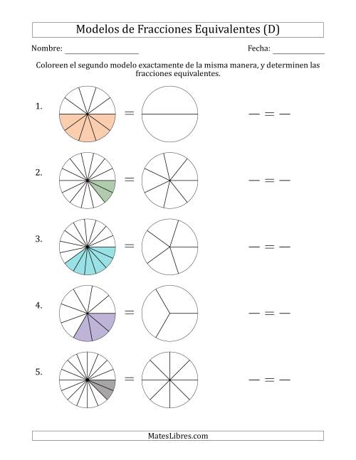 La hoja de ejercicios de Modelos de Fracciones Equivalentes (Fracción Simplificada Detrás) (D)