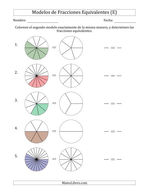 La hoja de ejercicios de Modelos de Fracciones Equivalentes (Fracción Simplificada Detrás) (E)
