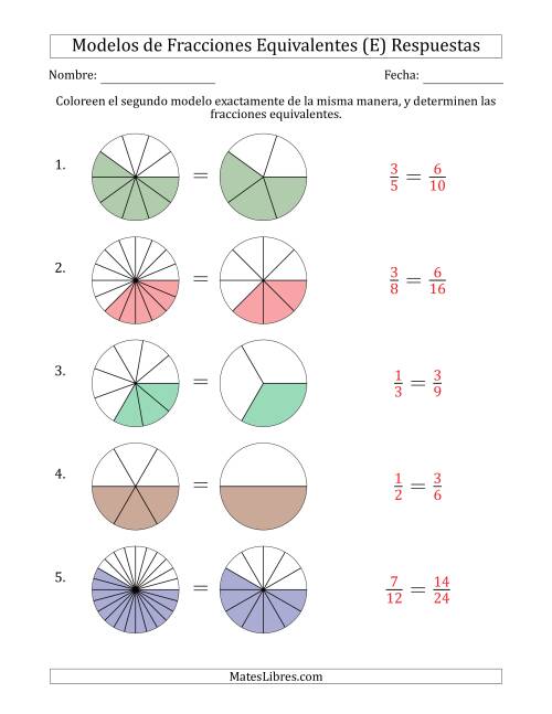 La hoja de ejercicios de Modelos de Fracciones Equivalentes (Fracción Simplificada Detrás) (E) Página 2