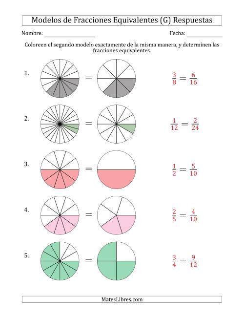 La hoja de ejercicios de Modelos de Fracciones Equivalentes (Fracción Simplificada Detrás) (G) Página 2