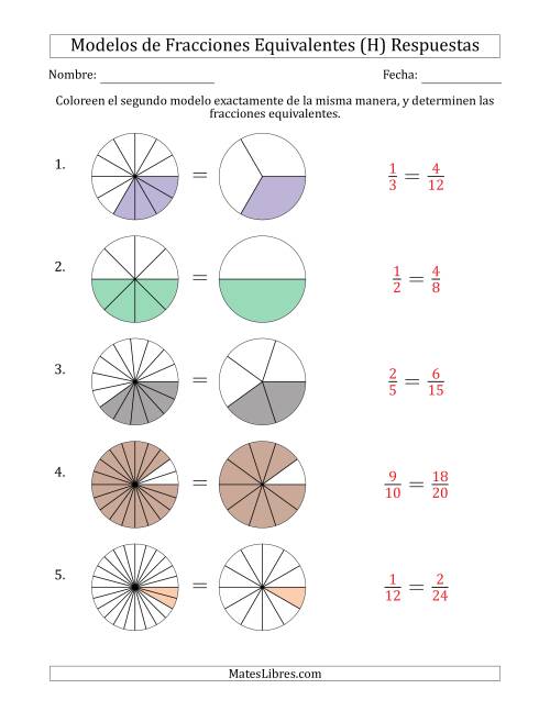 La hoja de ejercicios de Modelos de Fracciones Equivalentes (Fracción Simplificada Detrás) (H) Página 2
