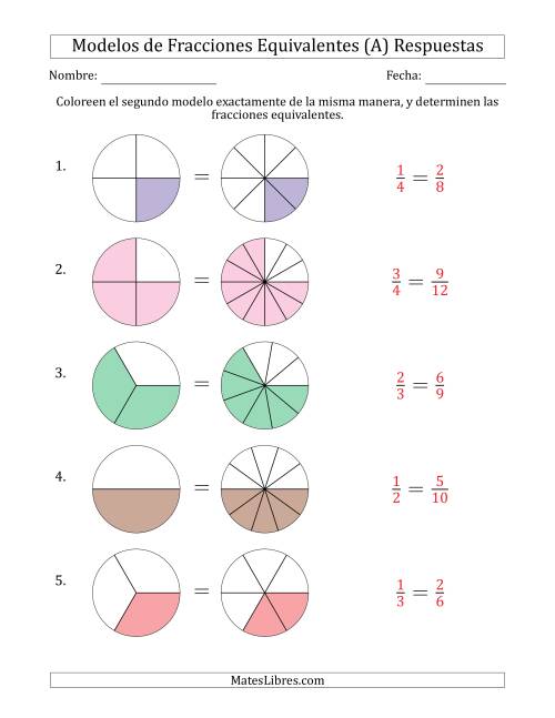 La hoja de ejercicios de Modelos de Fracciones Equivalentes (Fracción Simplificada Delante) (A) Página 2