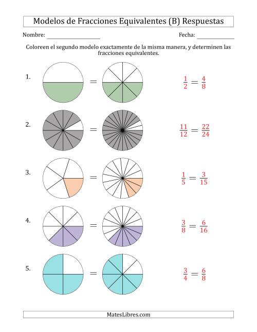 La hoja de ejercicios de Modelos de Fracciones Equivalentes (Fracción Simplificada Delante) (B) Página 2