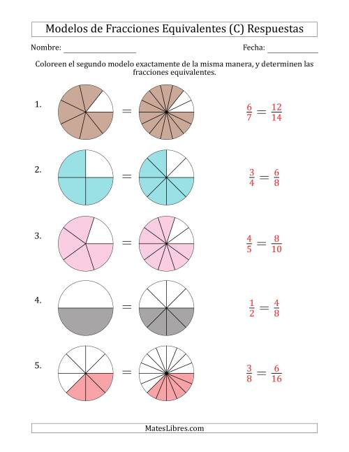 La hoja de ejercicios de Modelos de Fracciones Equivalentes (Fracción Simplificada Delante) (C) Página 2