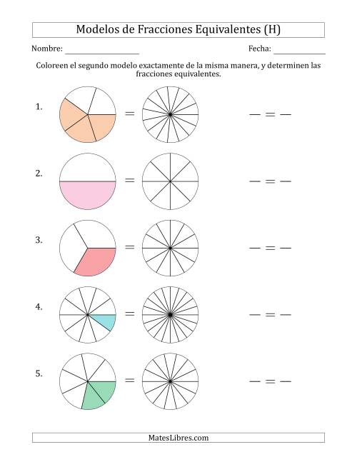 La hoja de ejercicios de Modelos de Fracciones Equivalentes (Fracción Simplificada Delante) (H)