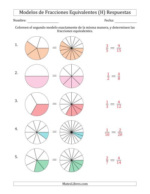 La hoja de ejercicios de Modelos de Fracciones Equivalentes (Fracción Simplificada Delante) (H) Página 2