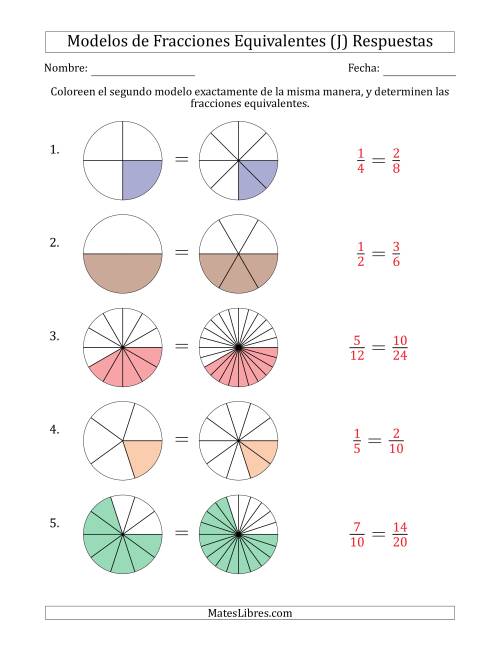 La hoja de ejercicios de Modelos de Fracciones Equivalentes (Fracción Simplificada Delante) (J) Página 2