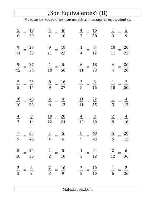 La hoja de ejercicios de Comprobar Fracciones Equivalentes (B)