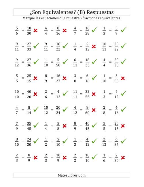 La hoja de ejercicios de Comprobar Fracciones Equivalentes (B) Página 2
