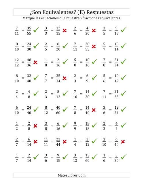 La hoja de ejercicios de Comprobar Fracciones Equivalentes (E) Página 2