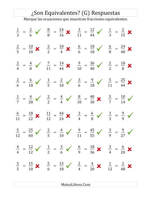 La hoja de ejercicios de Comprobar Fracciones Equivalentes (G) Página 2