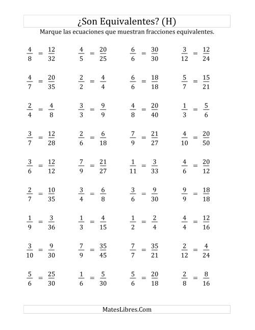 La hoja de ejercicios de Comprobar Fracciones Equivalentes (H)