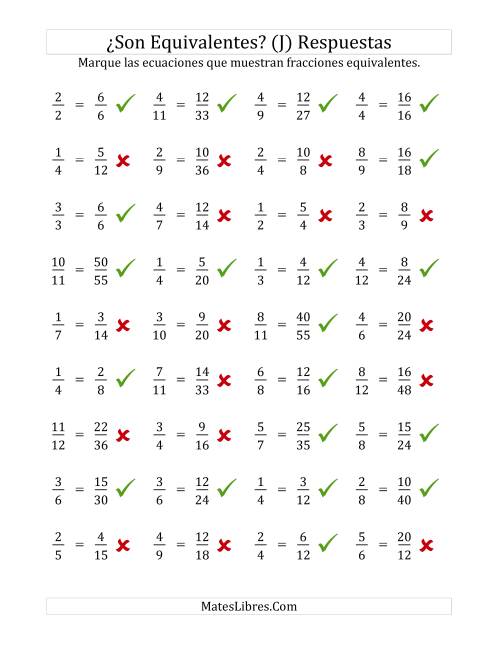 La hoja de ejercicios de Comprobar Fracciones Equivalentes (J) Página 2