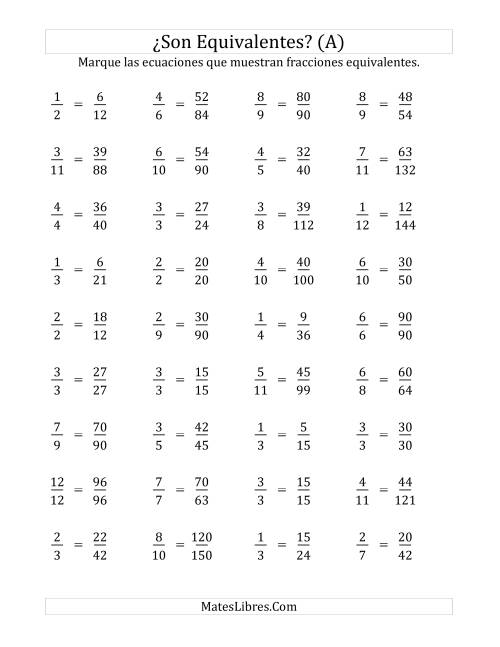 La hoja de ejercicios de ¿Son estas fracciones equivalentes? (Numerador de 5 a 15) (A)