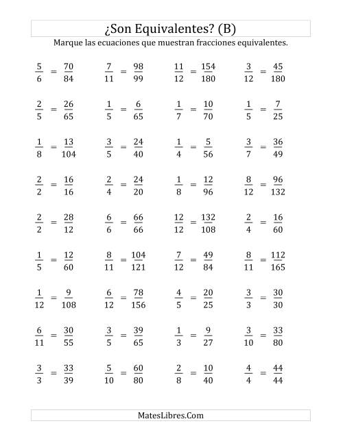 La hoja de ejercicios de ¿Son estas fracciones equivalentes? (Numerador de 5 a 15) (B)