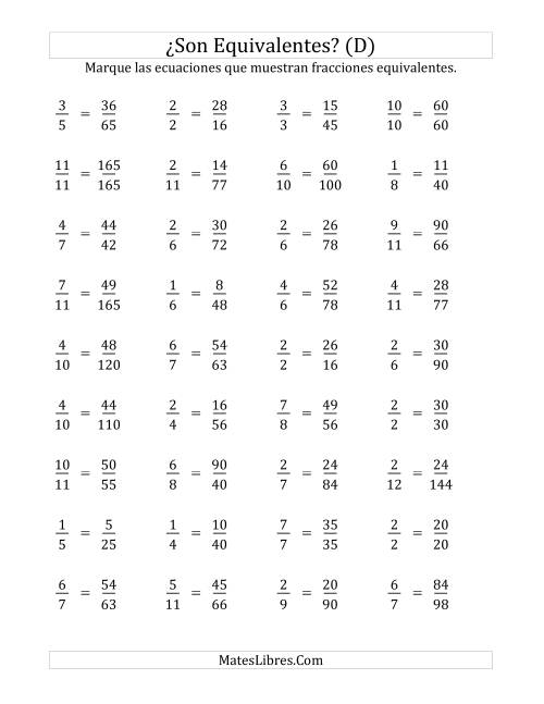 La hoja de ejercicios de ¿Son estas fracciones equivalentes? (Numerador de 5 a 15) (D)