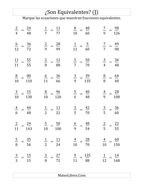 La hoja de ejercicios de ¿Son estas fracciones equivalentes? (Numerador de 5 a 15) (J)