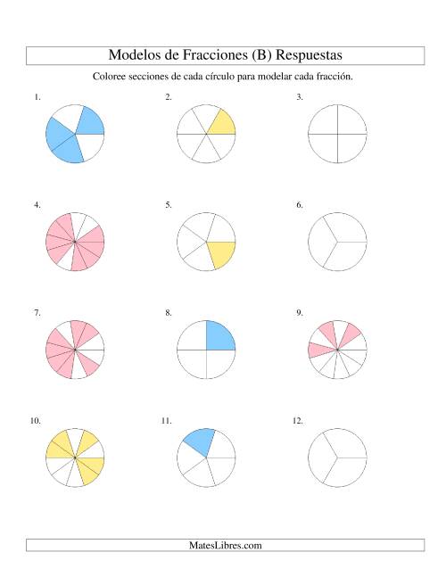 La hoja de ejercicios de Colorear de Mitades a Doceavos de Círculos (B) Página 2