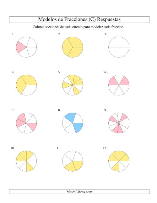 La hoja de ejercicios de Colorear de Mitades a Doceavos de Círculos (C) Página 2