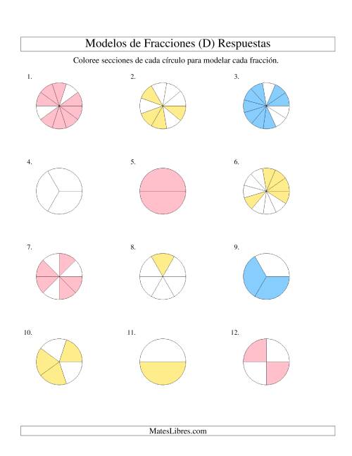 La hoja de ejercicios de Colorear de Mitades a Doceavos de Círculos (D) Página 2
