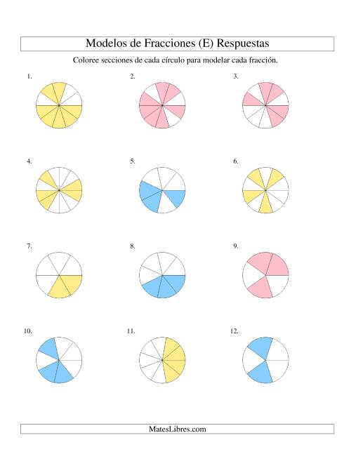 La hoja de ejercicios de Colorear de Mitades a Doceavos de Círculos (E) Página 2