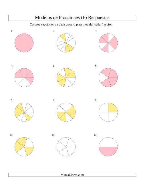La hoja de ejercicios de Colorear de Mitades a Doceavos de Círculos (F) Página 2
