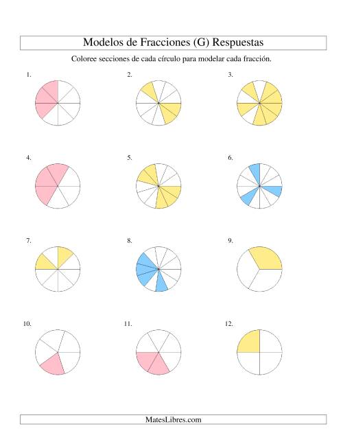 La hoja de ejercicios de Colorear de Mitades a Doceavos de Círculos (G) Página 2