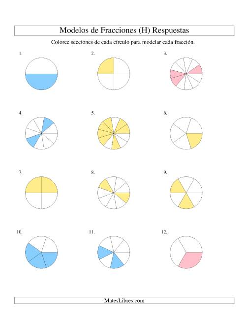 La hoja de ejercicios de Colorear de Mitades a Doceavos de Círculos (H) Página 2