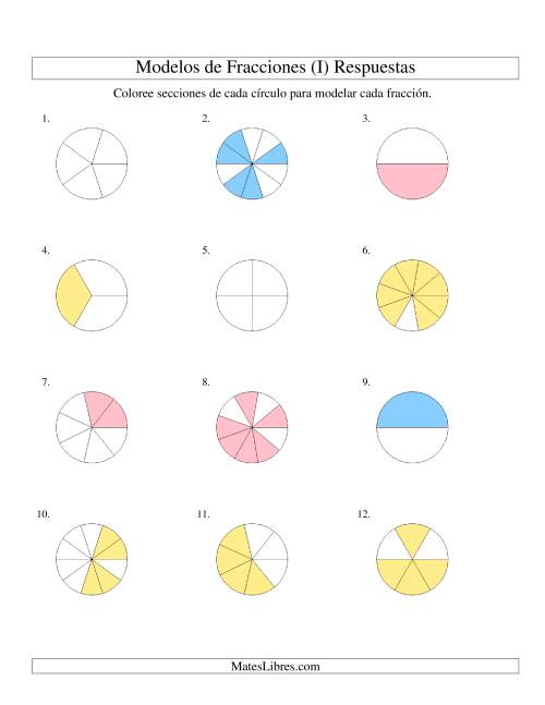 La hoja de ejercicios de Colorear de Mitades a Doceavos de Círculos (I) Página 2