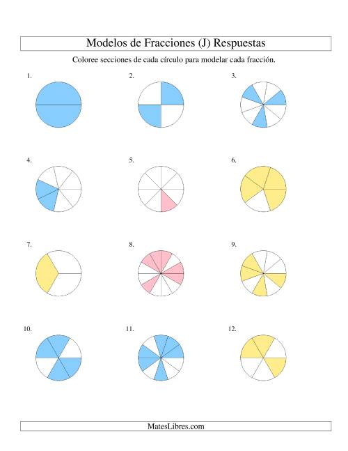 La hoja de ejercicios de Colorear de Mitades a Doceavos de Círculos (J) Página 2
