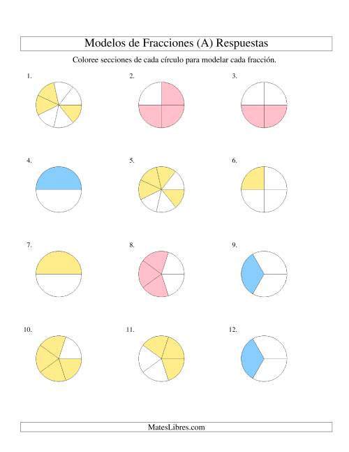 La hoja de ejercicios de Colorear de Mitades a Octavos de Círculos (A) Página 2