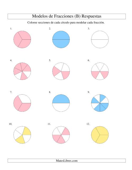 La hoja de ejercicios de Colorear de Mitades a Octavos de Círculos (B) Página 2