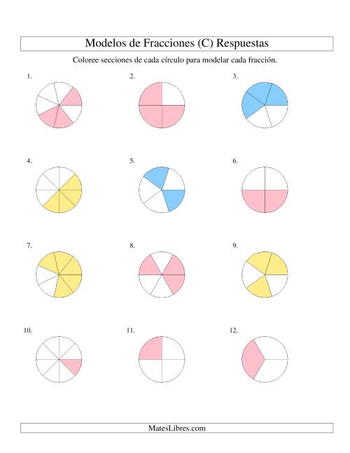 La hoja de ejercicios de Colorear de Mitades a Octavos de Círculos (C) Página 2