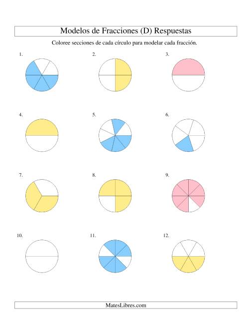 La hoja de ejercicios de Colorear de Mitades a Octavos de Círculos (D) Página 2