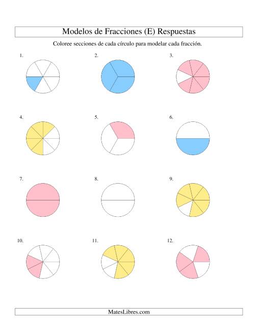 La hoja de ejercicios de Colorear de Mitades a Octavos de Círculos (E) Página 2