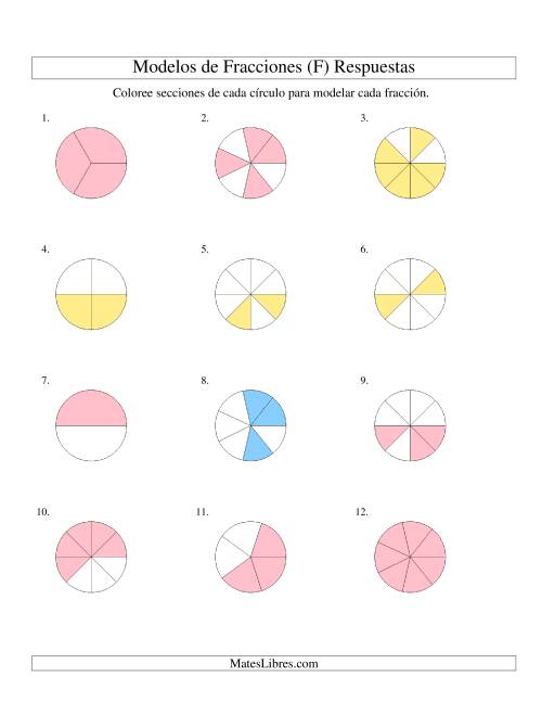 La hoja de ejercicios de Colorear de Mitades a Octavos de Círculos (F) Página 2