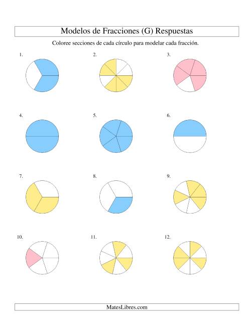 La hoja de ejercicios de Colorear de Mitades a Octavos de Círculos (G) Página 2