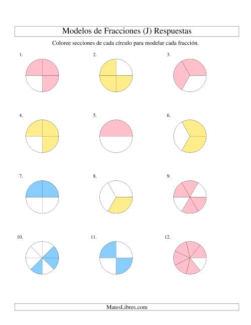 La hoja de ejercicios de Colorear de Mitades a Octavos de Círculos (J) Página 2