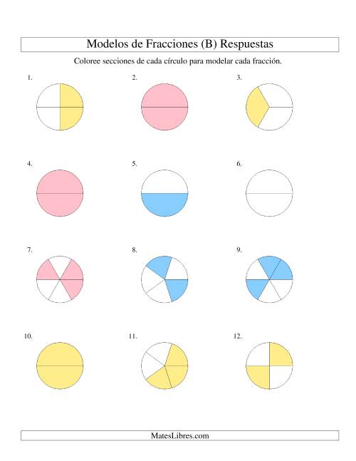 La hoja de ejercicios de Colorear de Mitades a Sextos de Círculos (B) Página 2